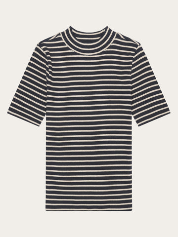 KnowledgeCotton Apparel - WMN Striped rib high neck short sleeved T-shirts 8003 Stripe - navy