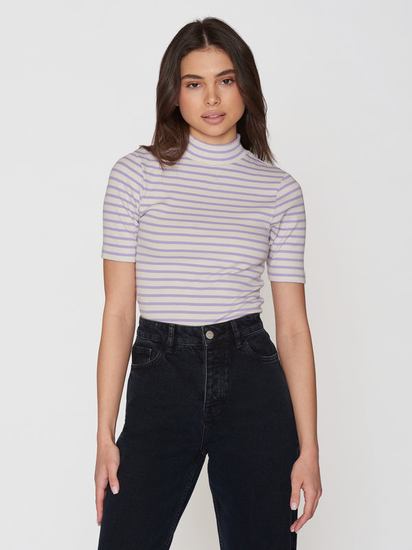 KnowledgeCotton Apparel - WMN Striped rib high neck short sleeved T-shirts 8027 Purple stripe