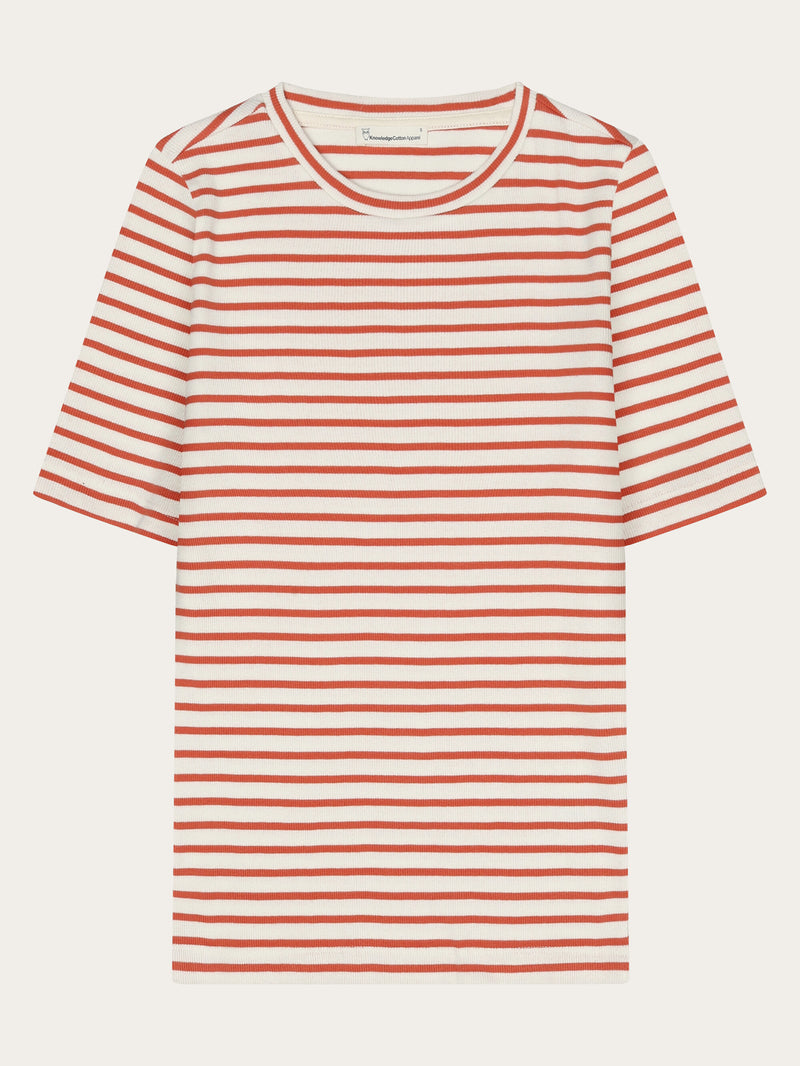 KnowledgeCotton Apparel - WMN Striped rib t-shirt T-shirts 8025 Red Stripe