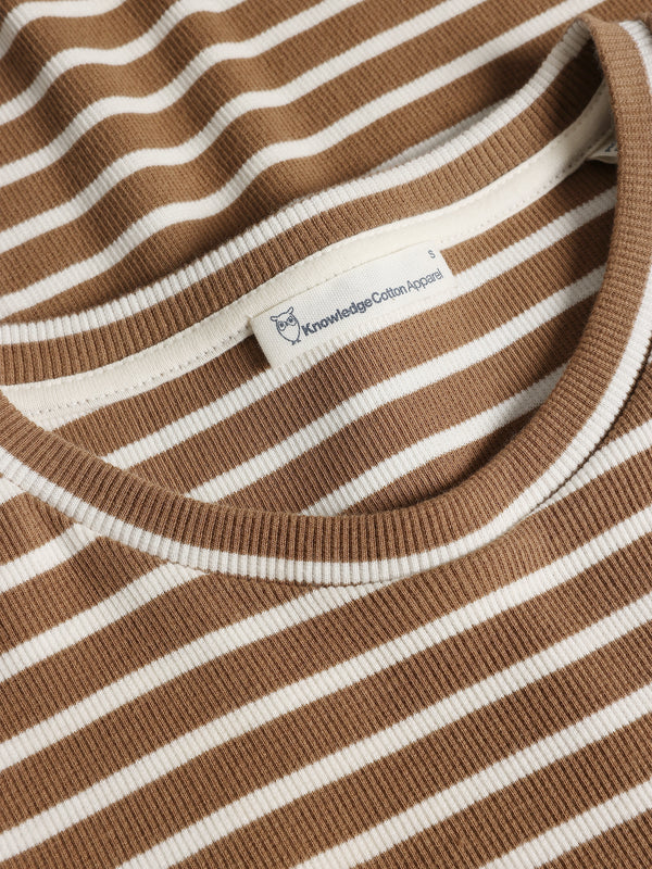 KnowledgeCotton Apparel - WMN Striped rib t-shirt T-shirts 8035 Dark Brown Stripe