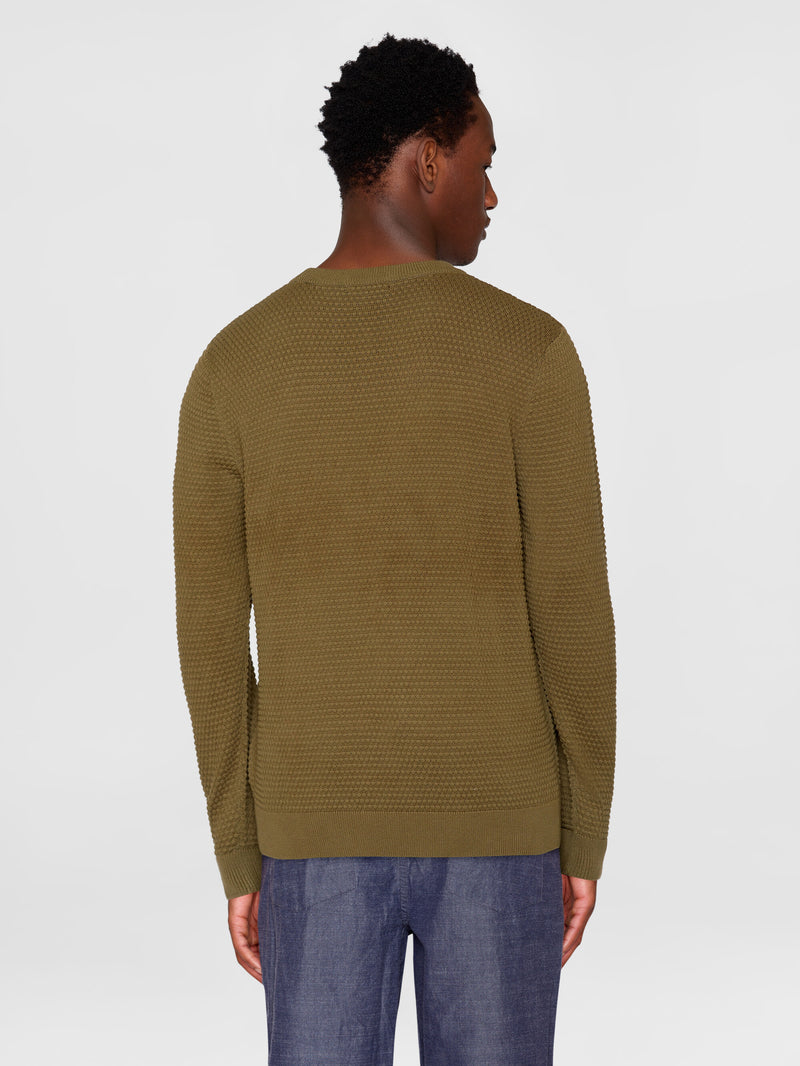 KnowledgeCotton Apparel - MEN VAGN regular bubble knit crew neck - Regenerative Organic Certified - GOTS/Vegan Knits 1068 Burned Olive