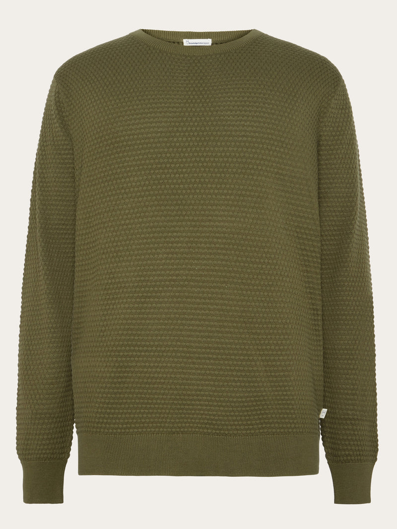 KnowledgeCotton Apparel - MEN VAGN regular bubble knit crew neck - Regenerative Organic Certified - GOTS/Vegan Knits 1068 Burned Olive