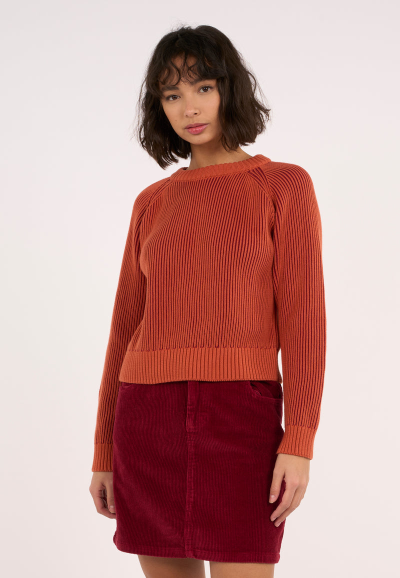 KnowledgeCotton Apparel - WMN Two tone rib crew neck Knits 1367 Autumn Leaf